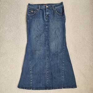 Vintage Y2k Denim Maxi Skirt Stretch Mermaid Flare Western Glam Jean 11 Womens